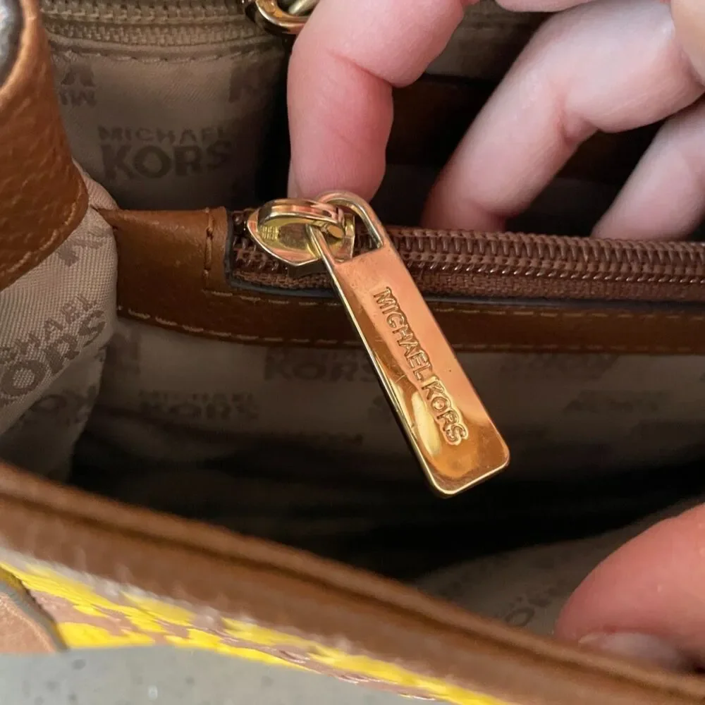 Michael Kors Mini Bag Karson Satchel Woven Brown Yellow Leather crossbody